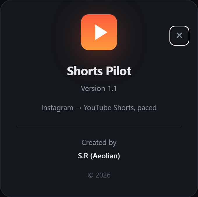 The About dialog in Shorts Pilot showing version 1.0 and the creator