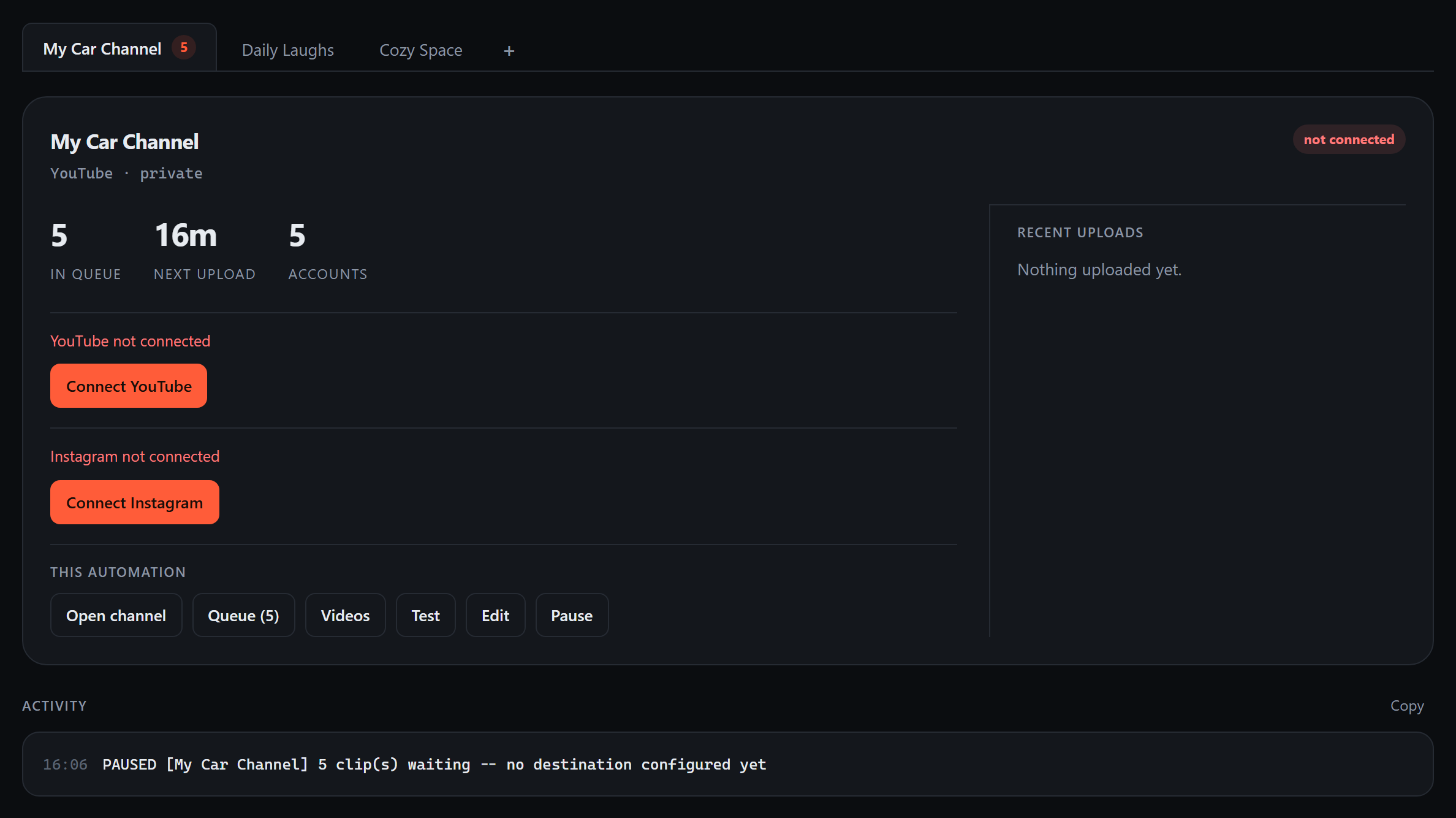 The Shorts Pilot dashboard showing a channel with its queue, next upload time and connection status