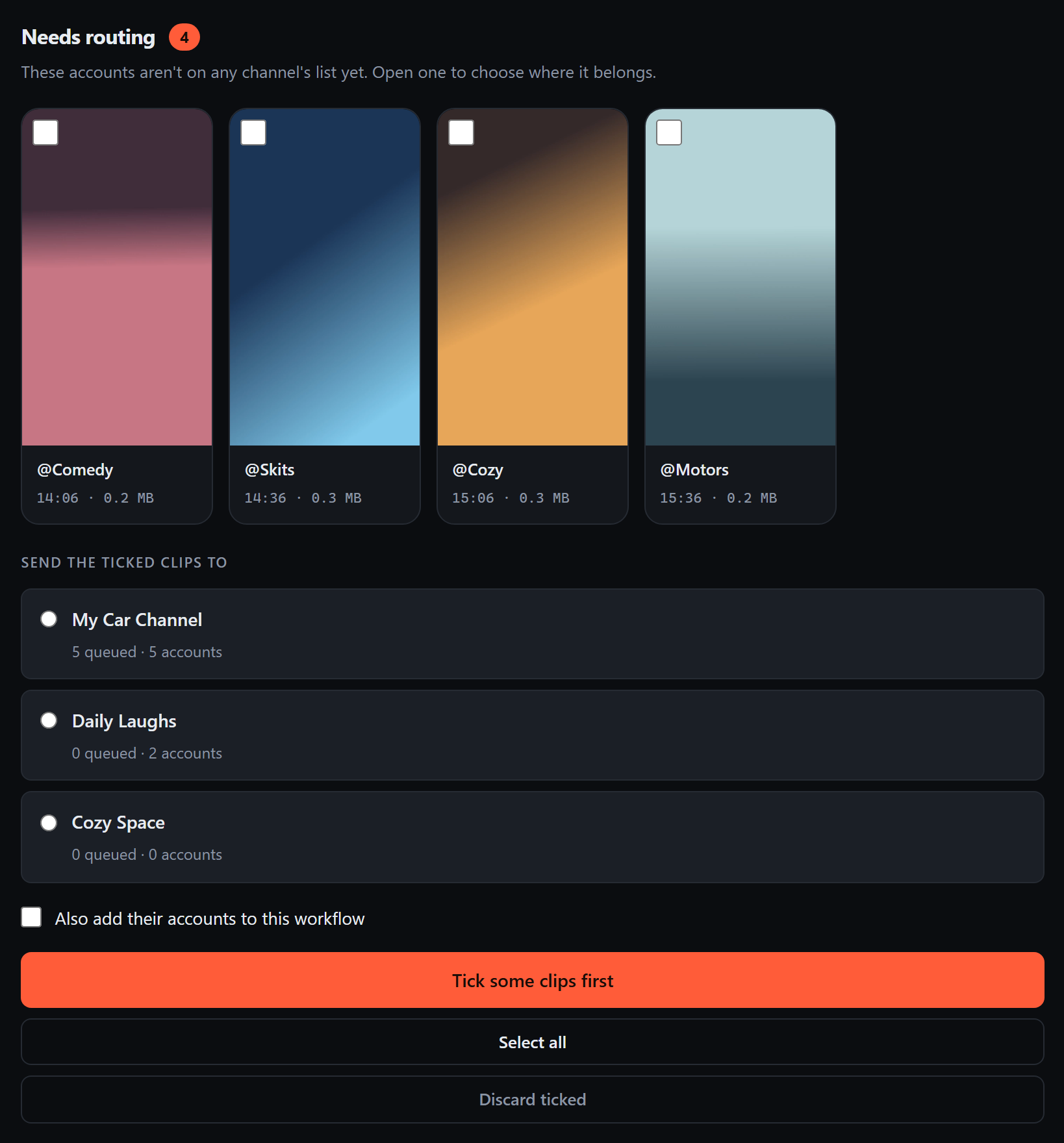 Routing pop-up showing a video preview, the account name and a list of channels to send it to