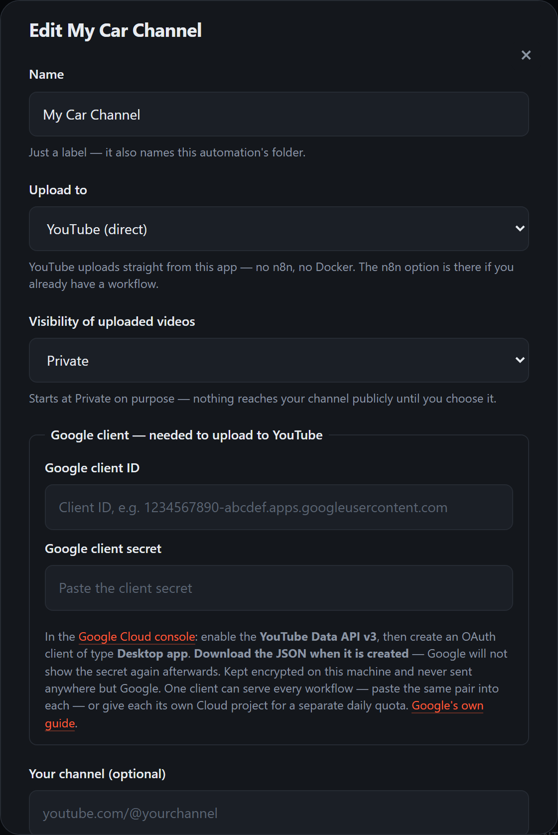Channel settings form showing upload destination, visibility, title mode and a randomised title list with emoji